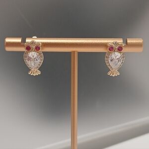 New Owl With Gemstone Eyes 18k Goldplated Huggie Earrings Pretty Bird
